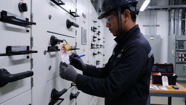 Worker applying a lockout device to an electrical breaker panel during lockout tagout training