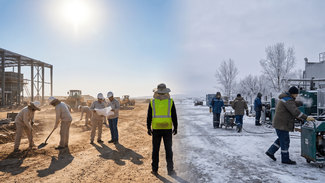 Construction workers in winter snow during heat stress training on cold hazards