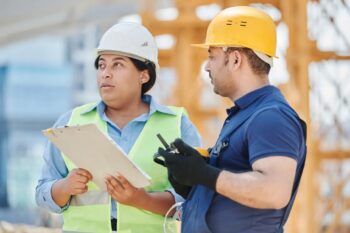 Construction supervisor with clipboard and worker reviewing jobsite safety for a California IIPP