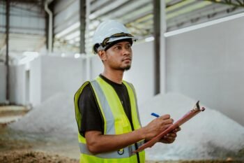 Safety inspector in hard hat and vest completing a workplace inspection checklist for a California IIPP